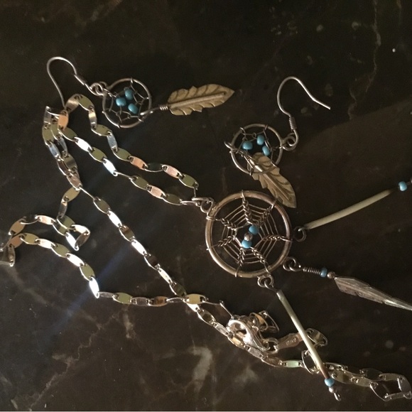 Vintage 925/Sterling Silver & Turquoise & Bone Necklace & Earring Set - Picture 2 of 15